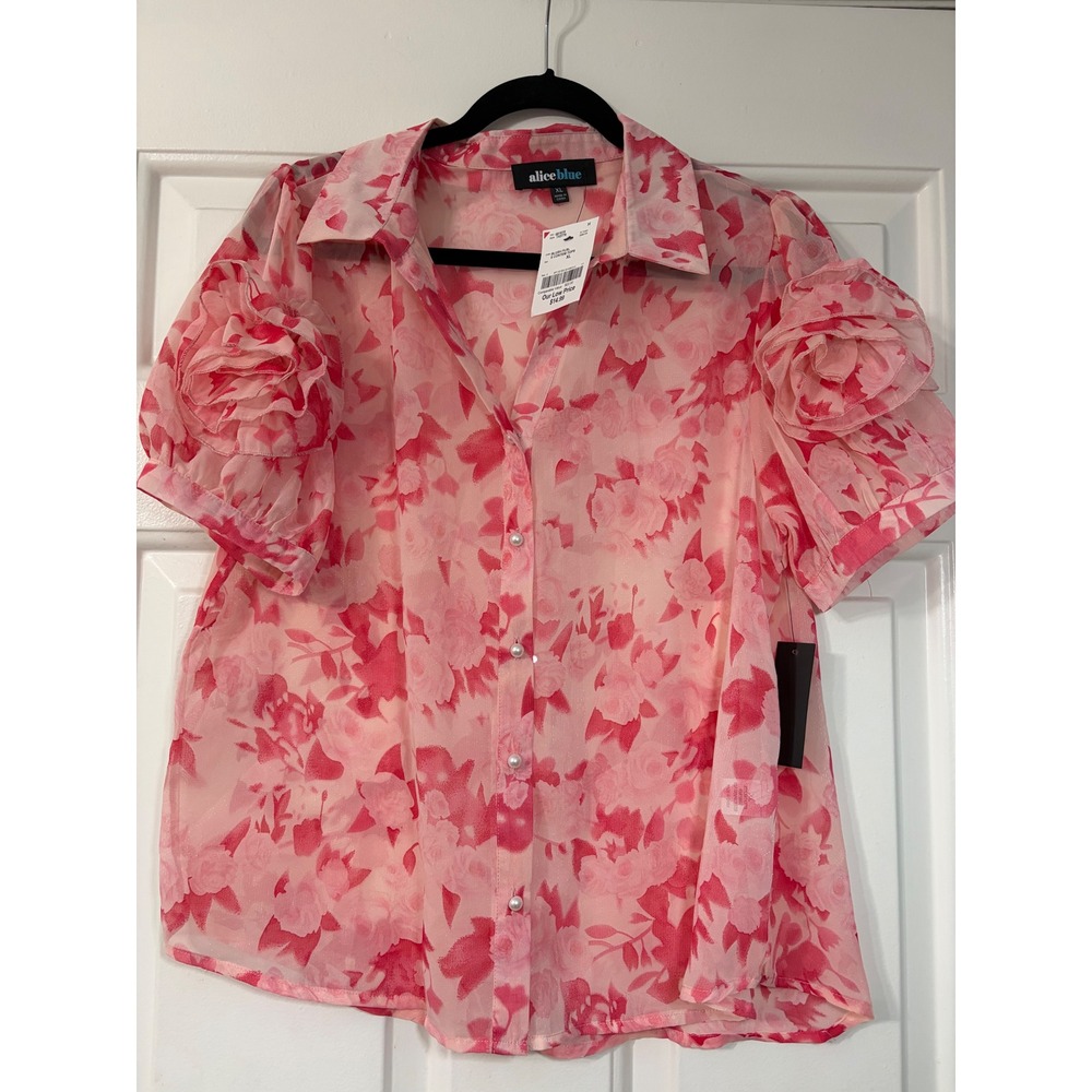 Alice Blue | Floral Sheer Rosette Button Up Top | XL || Pink|